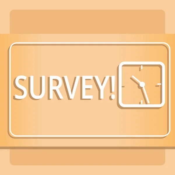 Text sign showing Survey. Conceptual photo Questioning group of showing to gather opinion on a particular subject Modern Design of Transparent Square Analog Clock on Two Tone Pastel Backdrop.