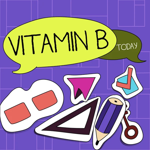 Texto de escritura a mano Vitamina B. Concepto que significa Fuentes y beneficios altamente importantes de los nutrientes folato Dos globos de habla colorida en blanco y diferentes etiquetas Iconos de estilo de etiqueta . —  Fotos de Stock