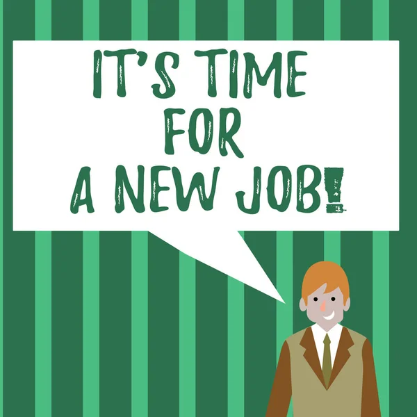 Es ist Zeit für einen neuen Job. Geschäftskonzept für bezahlte Position reguläre Beschäftigung Geschäftsmann lächelnd und im Gespräch mit leeren rechteckigen Farbe Sprechblase. — Stockfoto