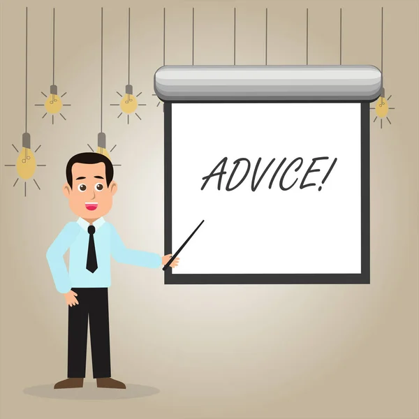 Writing note showing Advice. Business photo showcasing Learn to be good at advicing showing, businesses Man in Necktie Holding Stick Pointing White Screen on Wall. — Stock Photo, Image