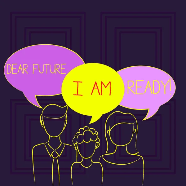 Handwriting text Dear Future I Am Ready. Concept meaning state action situation being fully prepared Family of One Child Between Father and Mother and Their Own Speech Bubble. — Stock Photo, Image