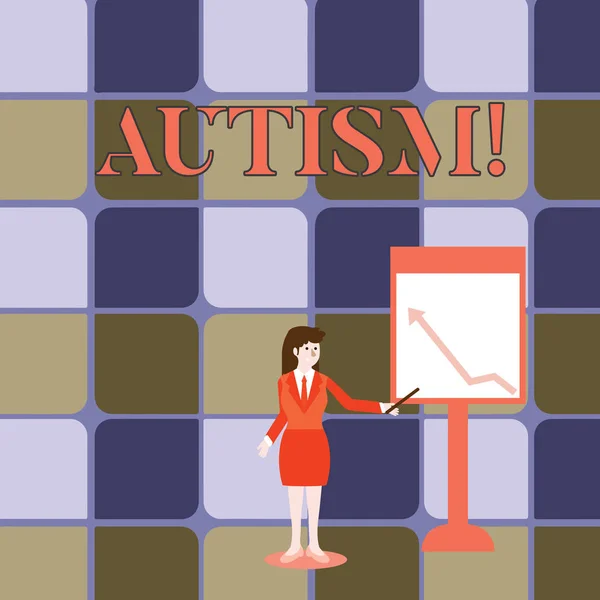 Tekst pisma ręcznego pisania Autyzm. Pojęcia, co oznacza, autyzmu, prowadzone przez społeczny Komitet na świecie kobieta interesu trzymając kij wskazując na wykres z strzałka w górę na tablicy. — Zdjęcie stockowe
