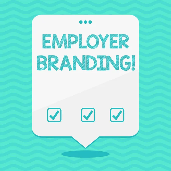 Znak tekstowy Wyświetlono Employer Branding. Koncepcyjne zdjęcie promowanie firmy pracodawca wybór do pożądanej grupy docelowej pusty biały balon miejsce mowy pływające z trzema otworami walnął na górze. — Zdjęcie stockowe