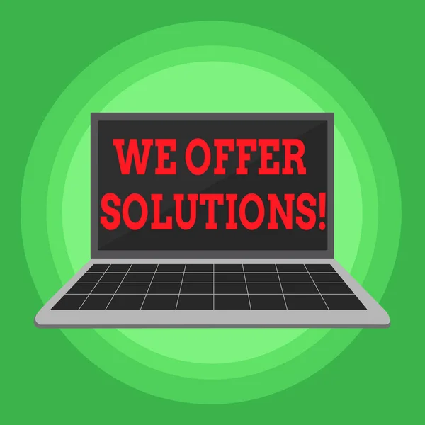Writing note showing We Offer Solutions. Business photo showcasing way to solve problem or deal with difficult situation Laptop with Grid Design Keyboard Screen on Pastel Backdrop.