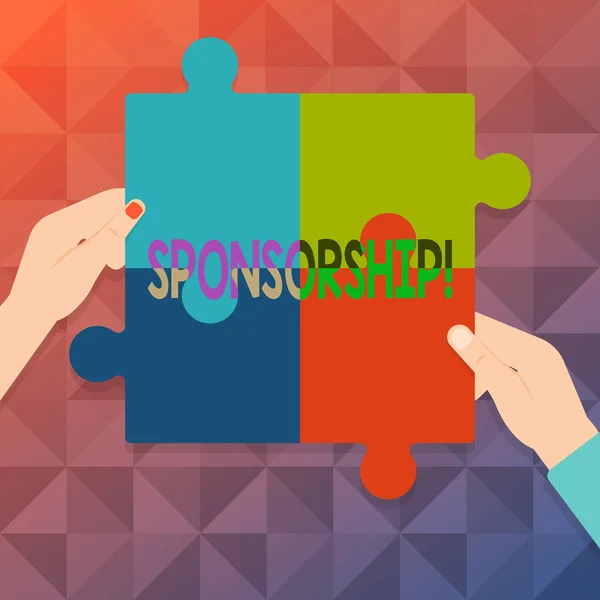 Word writing text Sponsorship. Business concept for Person or company giving financial material support assistance Four Blank Multi Color Jigsaw Puzzle Tile Pieces Put Together by Human Hands. — Stock Photo, Image