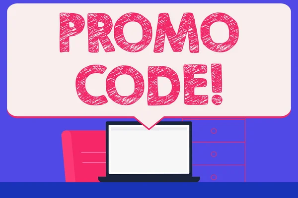 Text sign showing Promo Code. Conceptual photo consisting letters numbers consumers can enter obtain discount Blank Huge Speech Bubble Pointing to White Laptop Screen in Workspace Idea. — Stock Photo, Image