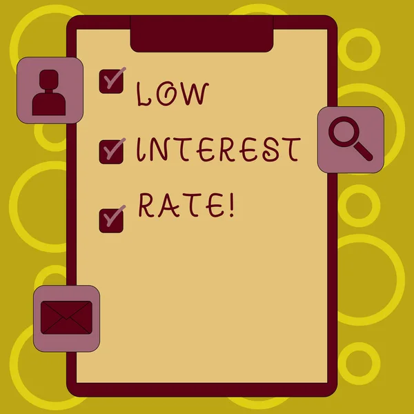 Writing note showing Low Interest Rate. Business photo showcasing Manage money wisely pay lesser rates save higher Clipboard with Tick Box and Apps for Assessment and Reminder.