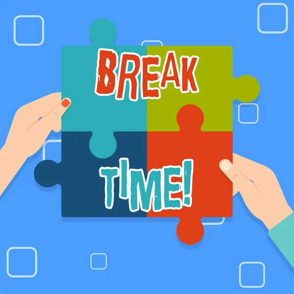 Writing note showing Break Time. Business photo showcasing scheduled time when workers stop working for brief period Multi Color Jigsaw Puzzle Pieces Put Together by Human Hands.