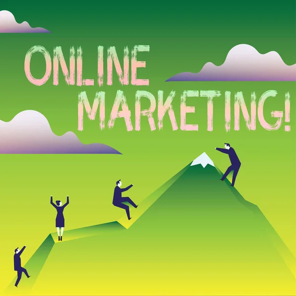 Word skrive tekst Online Marketing. Business koncept for at udnytte web-baserede kanaler spredt om virksomheder mærke Business People Klatring Color Mountain af sig selv Holding Invisible Rope . - Stock-foto