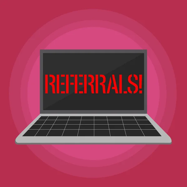 Text sign showing Referrals. Conceptual photo Act of referring someone or something for consultation review Laptop with Grid Design Keyboard and Blank Black Screen on Pastel Backdrop.