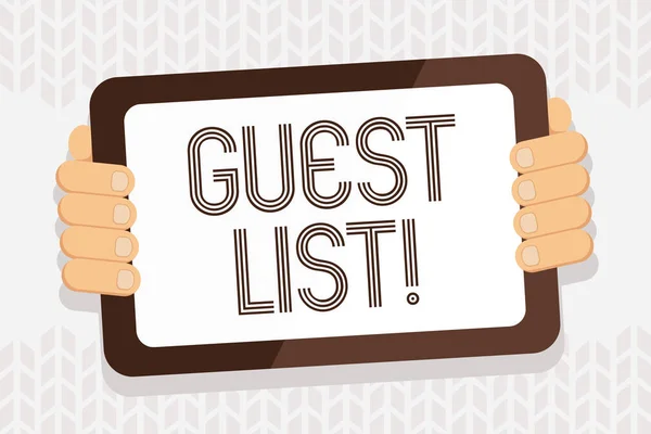 Handwriting text writing Guest List. Concept meaning showing who are to be admitted to concert or similar event Color Tablet Smartphone with Blank Screen Handheld from the Back of Gadget. — Stock Photo, Image