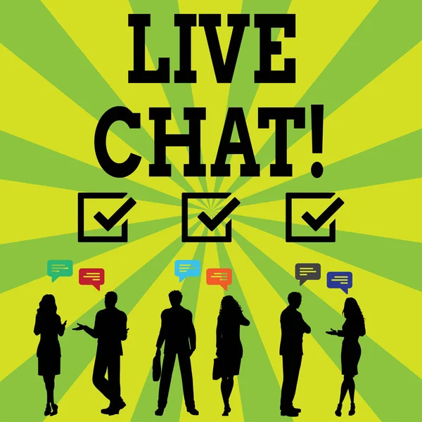 Handgeschreven tekst schrijven Live Chat. Begrip betekenis webservice waarmee bedrijven of vrienden te communiceren silhouet cijfers van zakelijke Peopletalking met gebaren en tekstballon. — Stockfoto