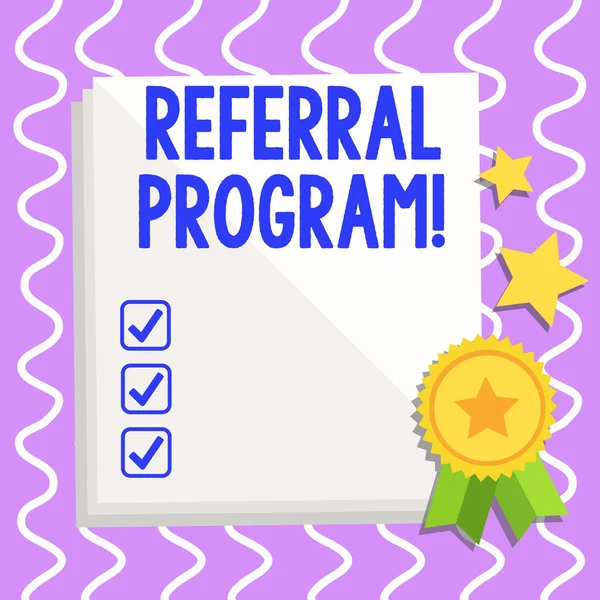 Conceptual hand writing showing Referral Program. Business photo text internal recruitment method employed by organizations White Sheet of Parchment Paper with Ribbon Seal Stamp Label. — Stock Photo, Image