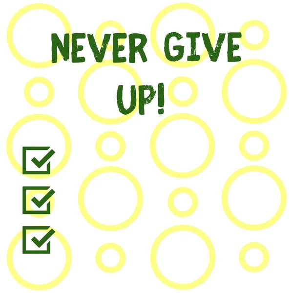 Conceptual hand writing showing Never Give Up. Business photo showcasing Be persistent motivate yourself succeed never look back Seamless Pattern of Loop Rings in Random on White Isolated. — Stock Photo, Image