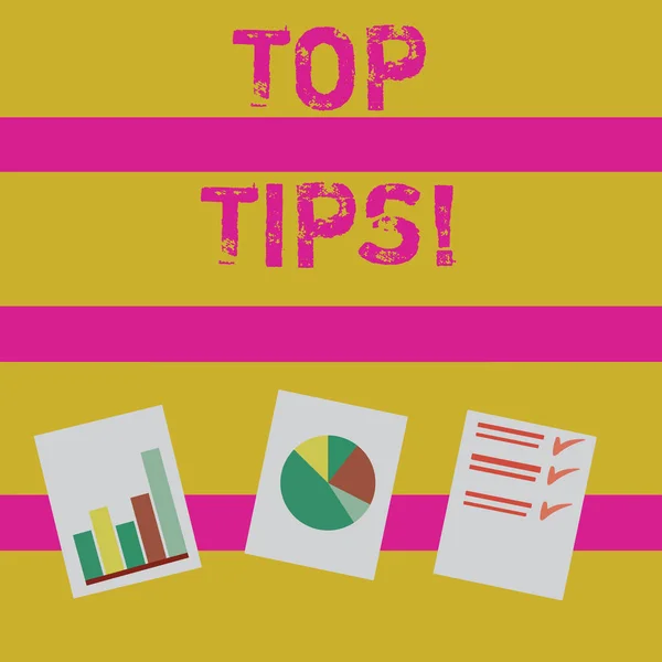 Ordet skriva text Top Tips. Affärsidé för liten men särskilt användbar effektiv del av praktiska råd Presentation av Bar, Data och cirkeldiagram Diagram diagram varje på vitt papper. — Stockfoto