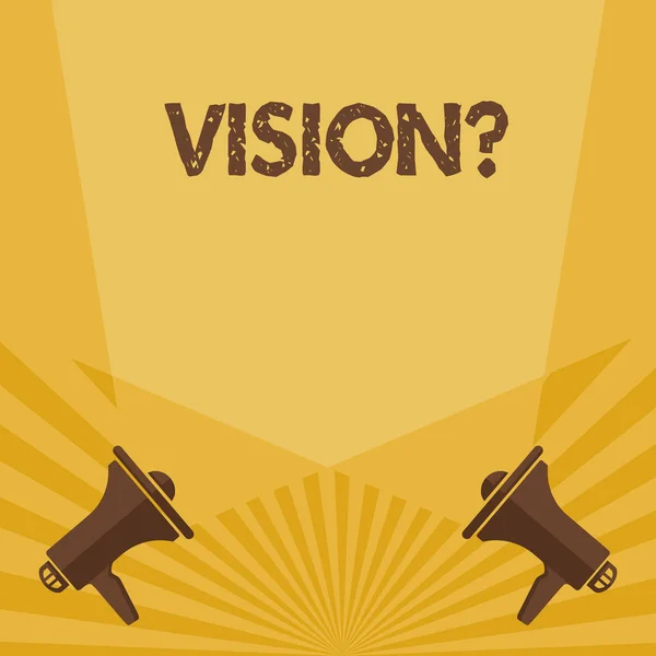 Writing Obs visar Visionquestion. Företag foto skylta företaget engagemang som beskriver framtida realistiska tillstånd Spotlight Crisscrossing uppåt från megafoner på golvet. — Stockfoto