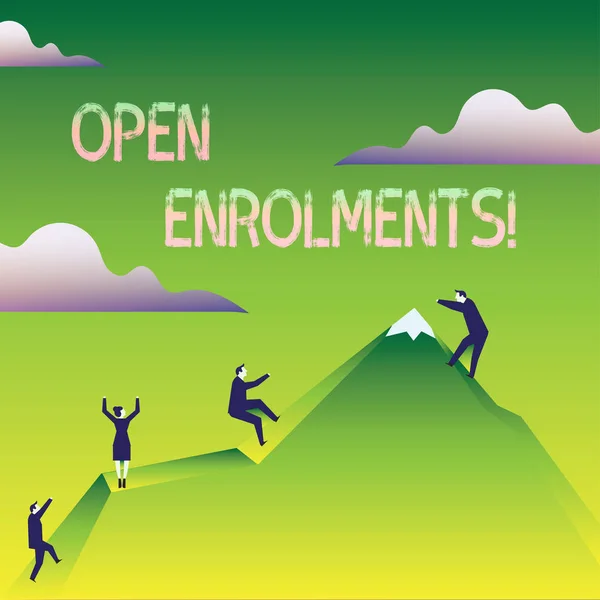 Word writing text Open Enrolments. Business concept for when employees may make changes to elected fringe benefit Business People Climbing Color Mountain by Themselves Holding Invisible Rope.