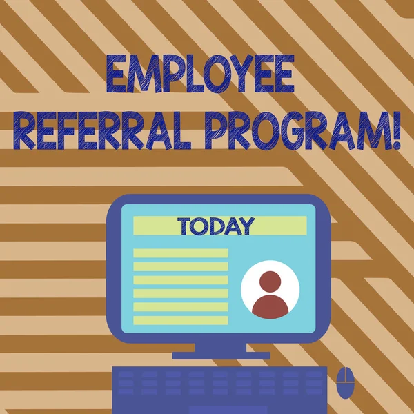 Text znamení ukazující Employee Referral Program. Konceptuální fotografie vnitřní nábor metoda použitá organizacemi Desktop počítač připojen na stojanu s Online daty profilu na obrazovce monitoru. — Stock fotografie