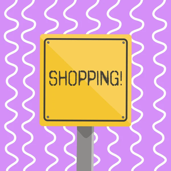 Escritura manual conceptual mostrando Compras. Muestra de foto de negocios Shopper productos de compra de clientes experiencia en la tienda 3D Plaza colorida Precaución Road Sign con madera de frontera negra . —  Fotos de Stock