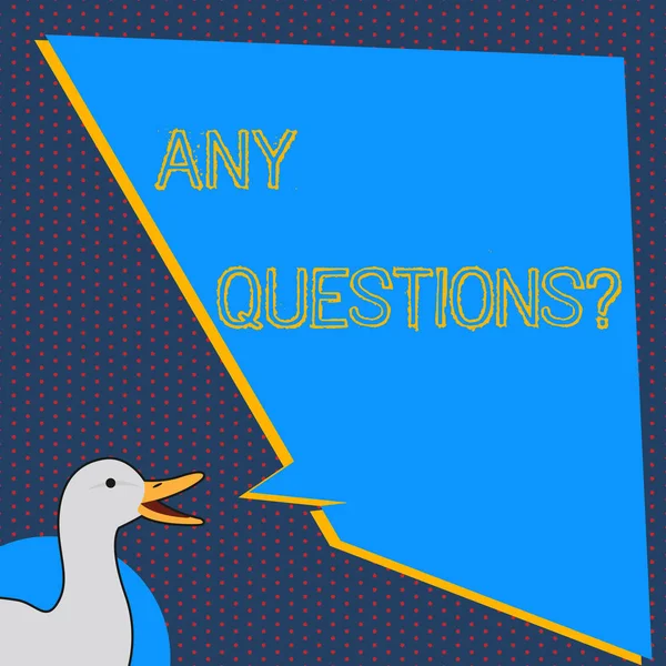 Signo de texto que muestra cualquier pregunta. Foto conceptual que usted dice orden de escribir para preguntar demostrando sobre algo foto de pato hablando con forma desigual en blanco globo de discurso azul . —  Fotos de Stock