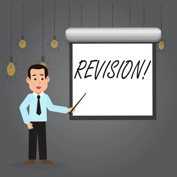 Word writing text Revision. Business concept for Rechecking Before Proceeding Self Improvement Preparation Man in Necktie Talking Holding Stick Pointing to Blank White Screen on Wall.