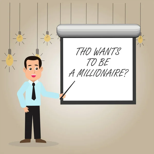 Uwaga: pisanie Wyświetlono Tho chce aby być A Millionairequestion. Biznesowe zdjęcie prezentujący zarobić więcej pieniędzy, zastosowanie wiedzy człowieka w krawat trzymając kij wskazując biały ekran na ścianie. — Zdjęcie stockowe