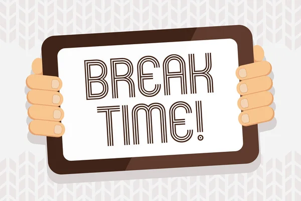 Handwriting text writing Break Time. Concept meaning scheduled time when workers stop working for brief period Color Tablet Smartphone with Blank Screen Handheld from the Back of Gadget.