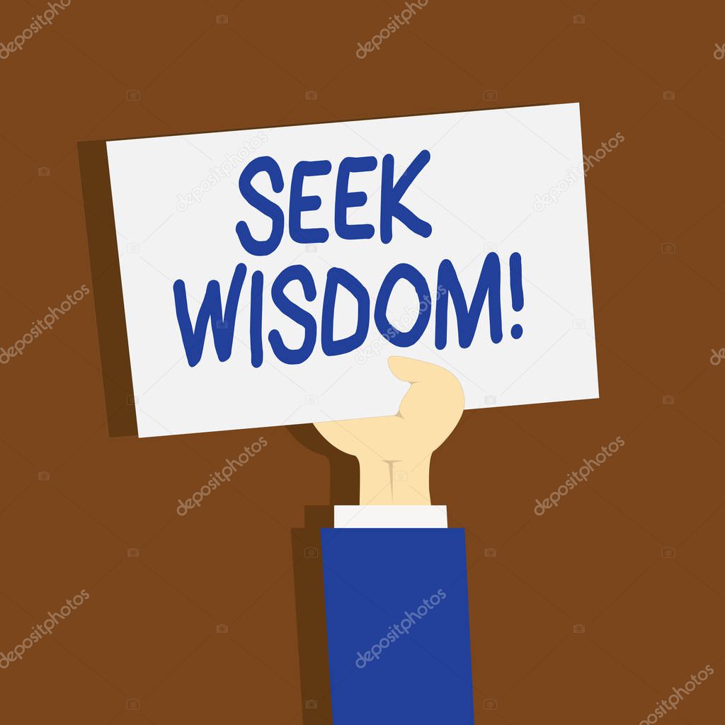 Writing note showing Seek Wisdom. Business photo showcasing ability to think act using knowledge experience understanding Clipart of Hand Holding Up Sheet of Paper on Pastel Backdrop.