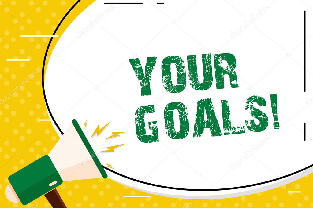Writing Note Showing Your Goals Business Concept For Something That You Hope To Achieve Or Get In Near Or Far Future Blank White Huge Oval Shape Sticker And Megaphone Shouting Larastock