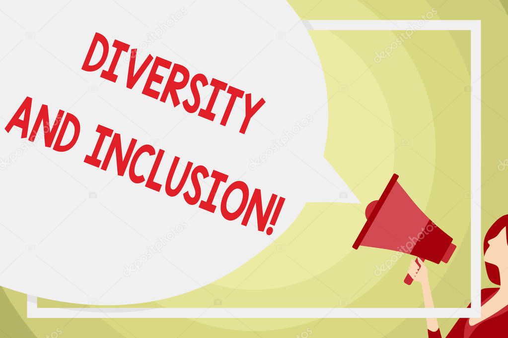 Conceptual hand writing showing Diversity And Inclusion. Business photo text range huanalysis difference includes race ethnicity gender Speech Bubble Round Shape. Woman Holding Colorful Megaphone.