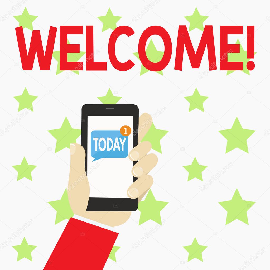 Handwriting text writing Welcome. Concept meaning Warm salutation acknowledgement for someone amiable loved thanked Human Hand Holding Smartphone with Numbered Unread Blank Message on Screen.