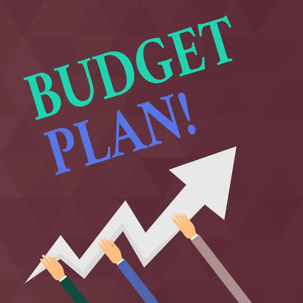 Writing note showing Budget Plan. Business photo showcasing estimate of income and expenditure for set period of time Hands Holding Zigzag Lightning Arrow Pointing and Going Up. — Stock Photo, Image