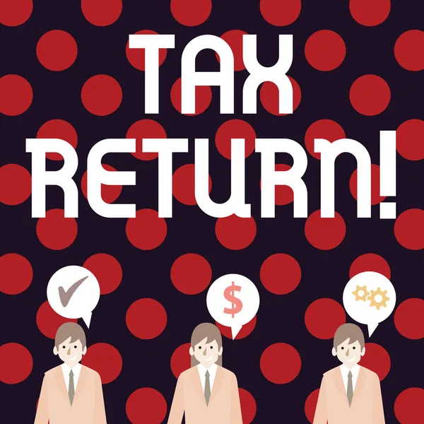 Handwriting text writing Tax Return. Concept meaning form on which taxpayer makes annual statement of income Businessmen Each has their Own Speech Bubble with Optimization Cost Icons.