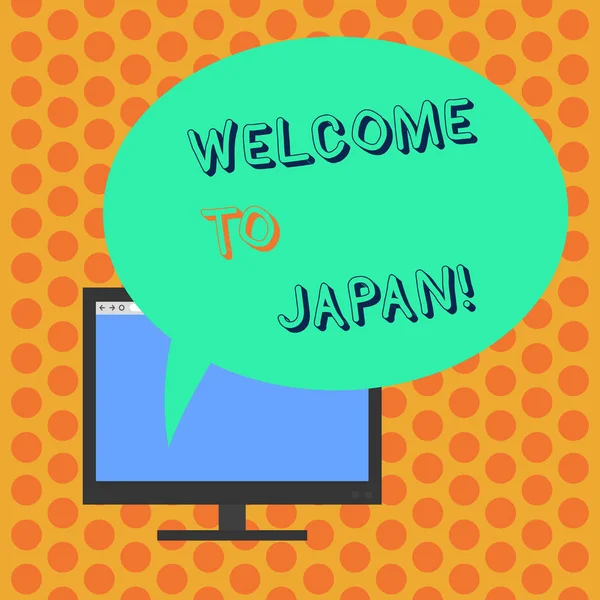 Schreibnotiz, die Japan willkommen heißt. Business-Foto präsentiert Ankunft in asiatischen modernen Land andere Kultur montiert Computer-Monitor leeren Bildschirm mit ovalen Farbe Sprechblase. — Stockfoto