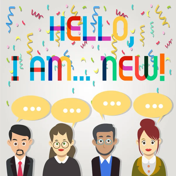 Text sign showing Hello I Am New. Conceptual photo used greeting or begin telephone conversation Group of Business People with Blank Color Chat Speech Bubble with Three Dots. — Stock Photo, Image