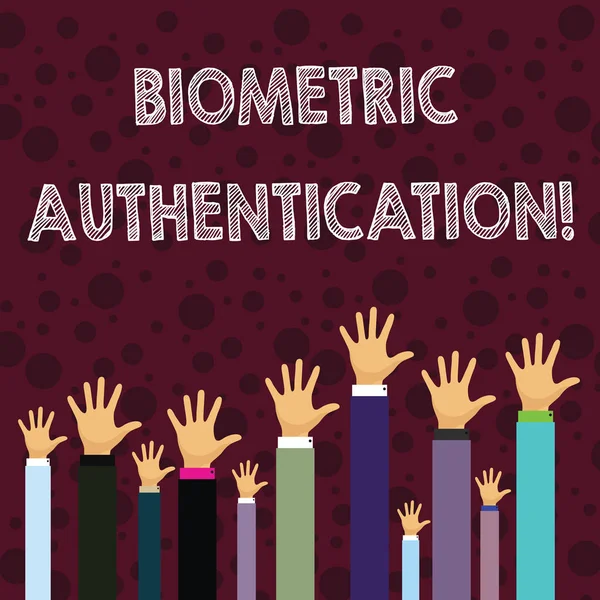 Schrijven van notitie weergegeven: biometrische authentificatie. Zakelijke foto presentatie van de verificatie van de identiteit betreft biologische input zakenlieden handen verhogen tot boven het hoofd, Palm In Front. — Stockfoto