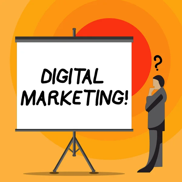 Schrijven van notitie weergegeven: Digital Marketing. Presentatie van de foto van de zakelijke markt producten of diensten met behulp van technologieën op Internet zakenman met het vraagteken boven zijn hoofd leeg scherm. — Stockfoto