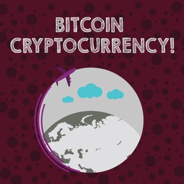 Kavramsal el Bitcoin Cryptocurrency gösterilen yazma. İş fotoğraf metin dijital ödeme Döviz Alım cryptocurrencies uçak uçan etrafında renkli Küre ve metin boşluk kullanır.