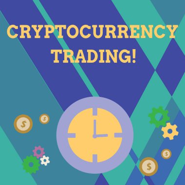 Cryptocurrency ticaret yazma el yazısı metin. Sadece cryptocurrencies içinde belgili tanımlık çarşı zaman yönetimi simgeler saati olan, Cog Wheel Dişliler ve dolar para birimi simgesi alışverişini anlam kavramı.