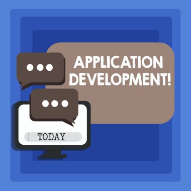 Uygulama geliştirme yazma el yazısı metin. Bilgisayar telefon programları boş bilgisayar monitörü ve iki konuşma balonu üç nokta ile sohbet simgesi için yaratma kavramı anlam süreci.