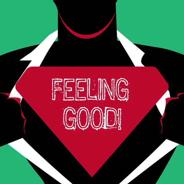 Segno di testo che mostra sentirsi bene. Foto concettuale causando felici sentimenti positivi sulla vita hanno soddisfazione Uomo in Superman Pose Aprire la camicia per rivelare il logo triangolare vuoto . — Foto Stock