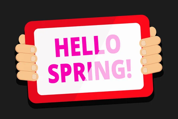 Word writing text Hello Spring. Business concept for Welcoming season comes after winter Blossoming of plantes Color Tablet Smartphone with Blank Screen Handheld from the Back of Gadget. — Stock Photo, Image