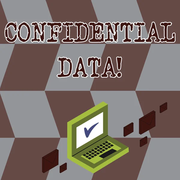 Conceptual hand writing showing Confidential Data. Business photo showcasing term that typically represents them as classified Mail Envelopes around Laptop with Check Mark icon on Monitor. — Stock Photo, Image