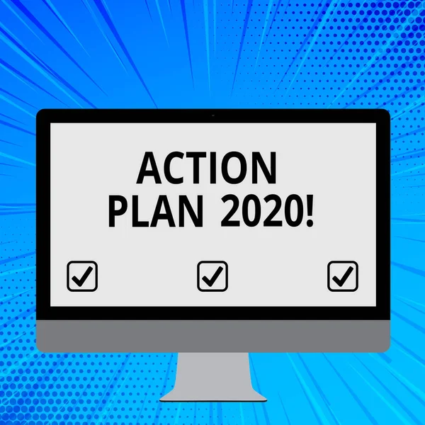 Word writing text Action Plan 2020. Business concept for proposed strategy or course of actions for next year Blank White Computer Monitor WideScreen Mounted on a Stand for Technology.