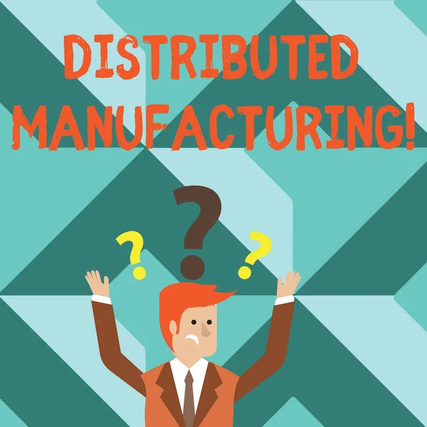 Ord skriva text distribueras tillverkning. Affärsidé för praktiseras av företag som använder nätverks faciliteter förvirrad affärsman att höja både armar med frågetecken ovanför hans huvud. — Stockfoto