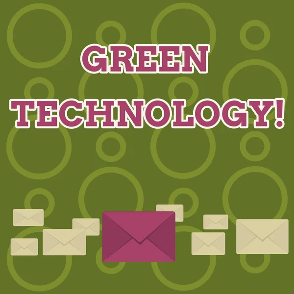 Word writing text Green Technology. Business concept for mitigate reverse effects of huanalysis activity on environment Pastel Color Closed Envelopes in Different Sizes with Big one in the Middle. — Stock Photo, Image