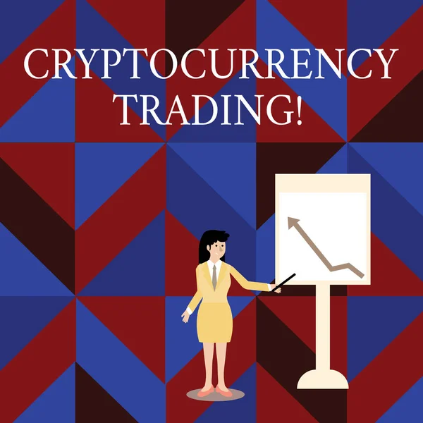 Írásbeli Megjegyzés mutatja, Cryptocurrency kereskedés. Üzleti fénykép bemutató egyszerűen az exchange cryptocurrencies a piac nő gazdaság Stick mutatva mutató diagramon a faliújságra. — Stock Fotó