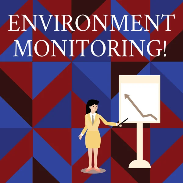 Írásbeli Megjegyzés mutatja környezetellenőrző Monitoring. Üzleti fénykép bemutató megfigyelése és tanulmányozása nő gazdaság Stick mutatva diagram nyíl faliújságra környezeti. — Stock Fotó