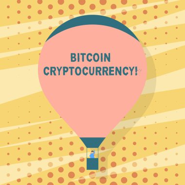 Bitcoin Cryptocurrency yazma el yazısı metin. Kavram anlam dijital ödeme para birimi cryptocurrencies boş pembe sıcak hava balon kayan ile gelen bir yolcu sallayarak gondol kullanır.