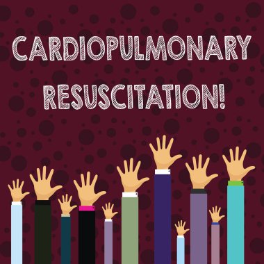 Kardiyopulmoner resüsitasyon gösterilen not yazma. İş fotoğraf vitrine döngüleri sıkıştırma göğüs solunum işadamları eller yükselterek kadar yukarıda baş, Palm Ön tekrarlanan.
